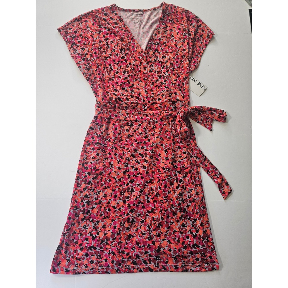 Nine West Floral Faux Wrap‎ Dress Womens Large Pink V-Neck Office Midi New